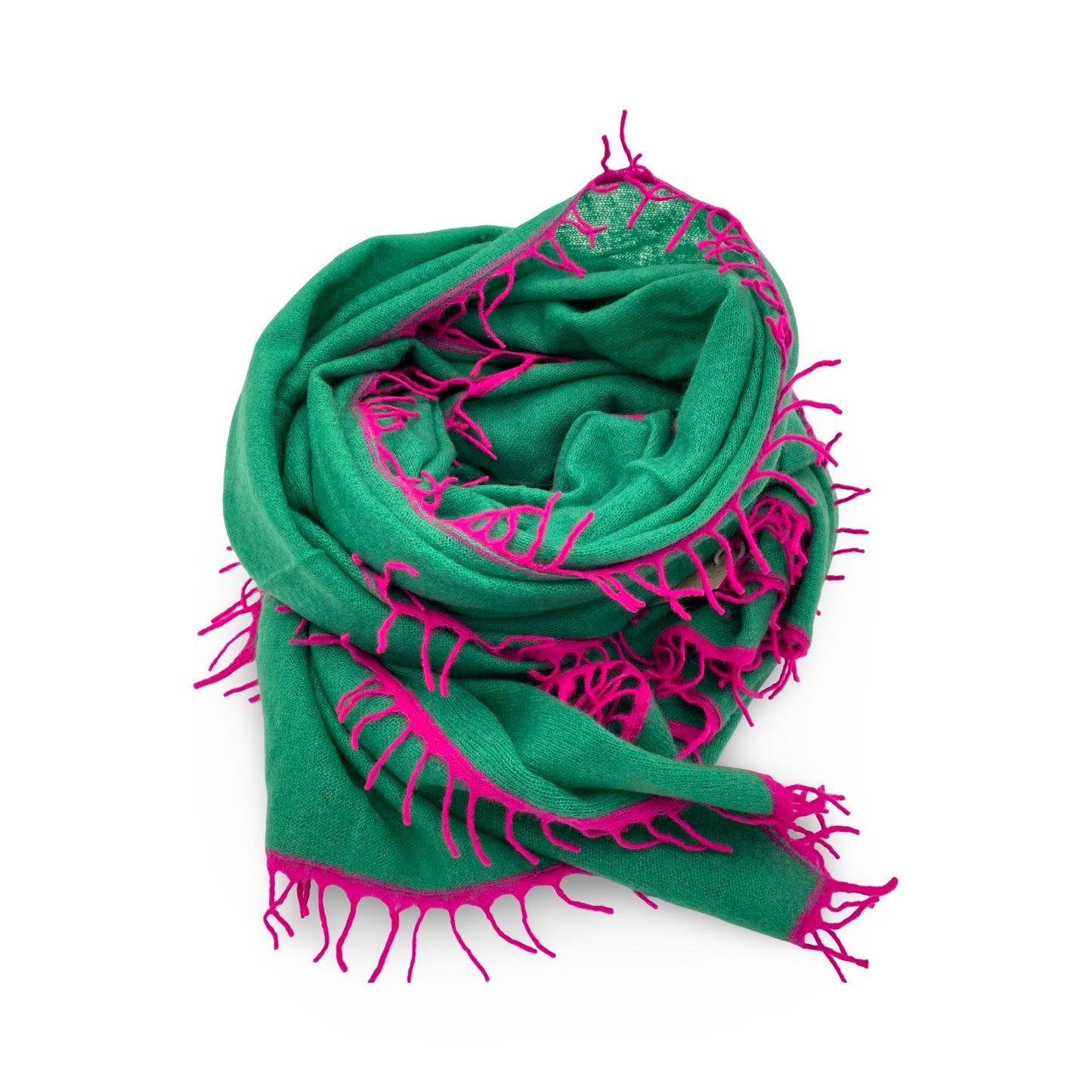 Jade Green Cashmere Scarf with Pink Fringe
