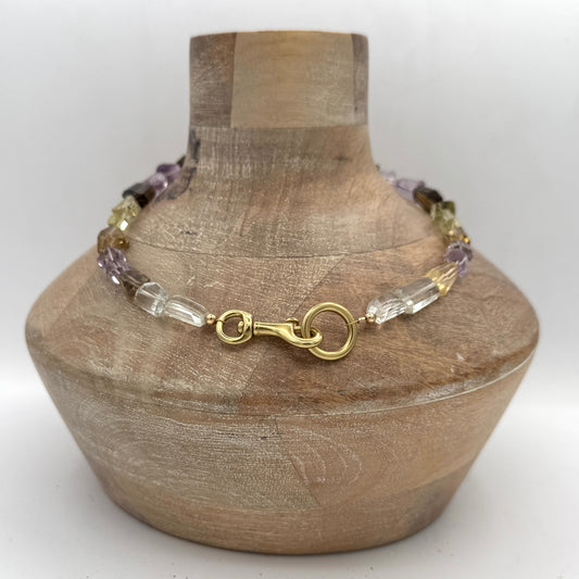 Necklace: Amethyst, Citrine and Smokey Quartz Nuggets with Chunky Brass