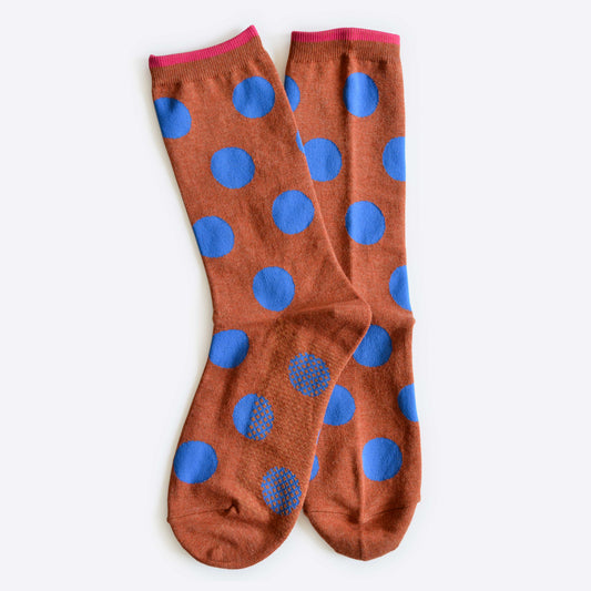 Polka Dot Crew Socks, Brown and Blue