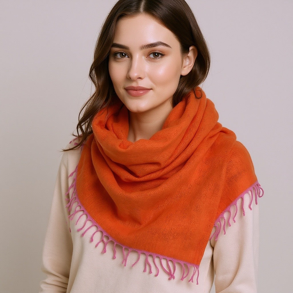 Orange Cashmere Scarf with Pink Fringe