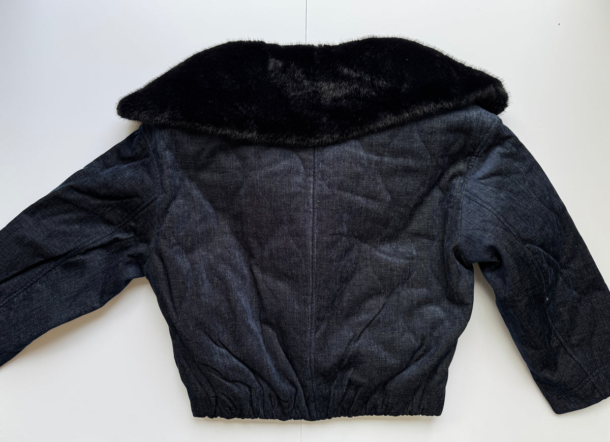 KORNER Navy Velvet Denim Coat with Faux Fur Collar