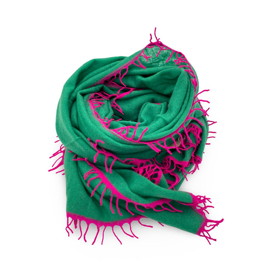 Jade Green Cashmere Scarf with Pink Fringe