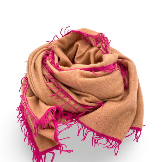 Camel Cashmere Scarf with Pink Fringe