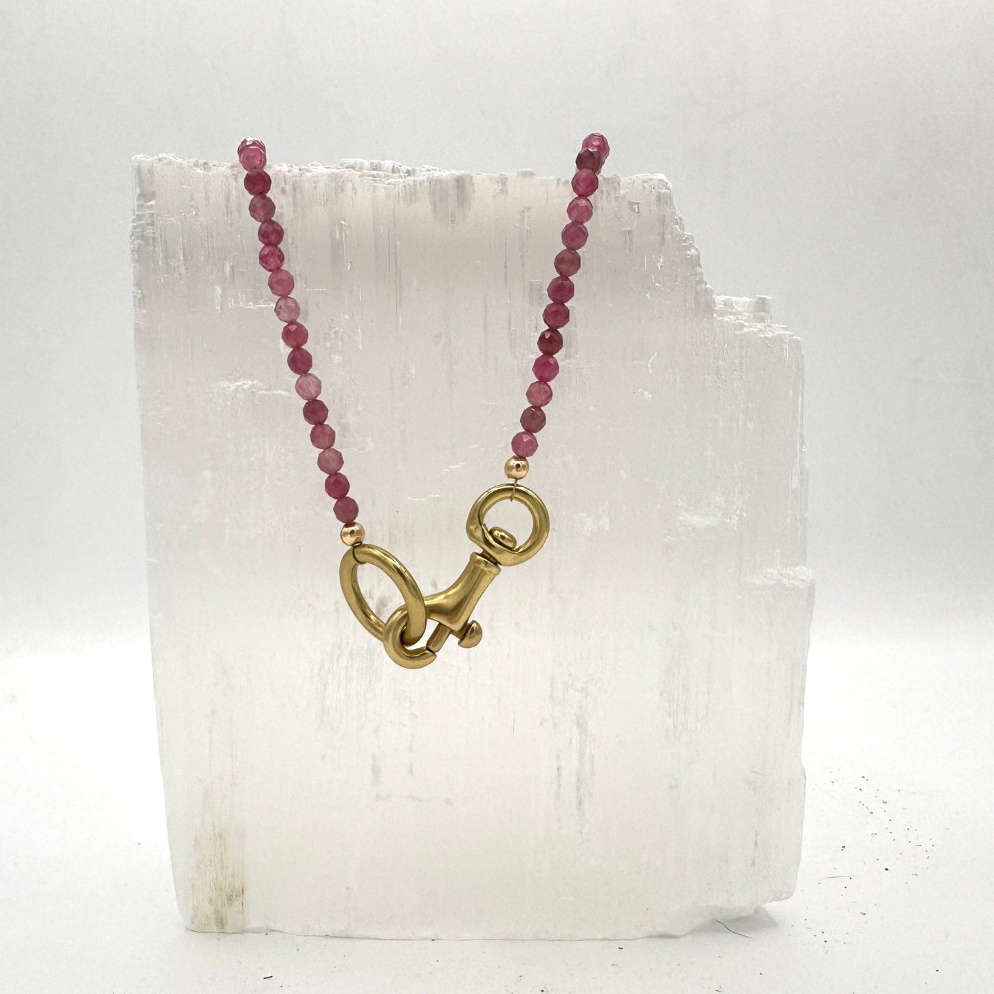 Necklace: Pink Tourmaline with Chunky Brass Hardware