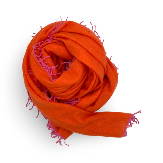 Orange Cashmere Scarf with Pink Fringe