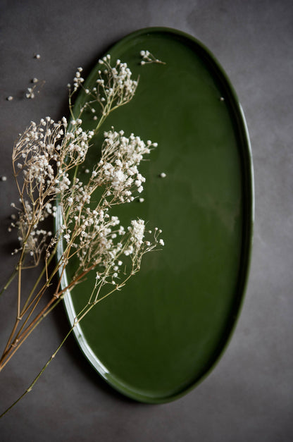 Handmade Oval Porcelain Serving Platter. Green  Medium