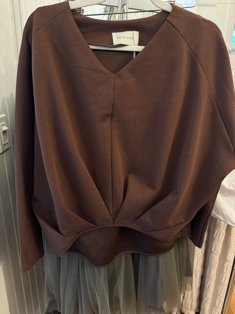ELLE GREY Pleated Front Sweatshirt in Brown