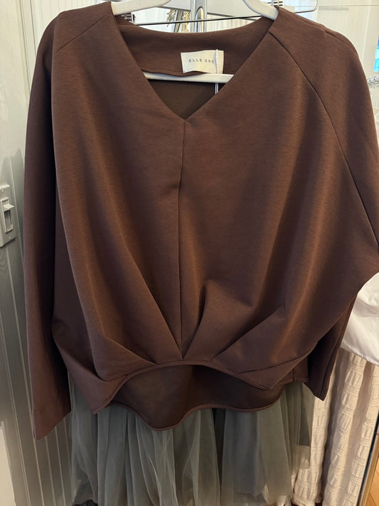 ELLE GREY Pleated Front Sweatshirt in Brown