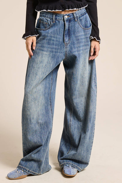 Wide Leg Baggy Denim Jeans: Smoky Blue