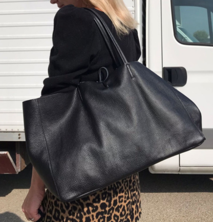 Black Leather Travel Bag Tie Closure