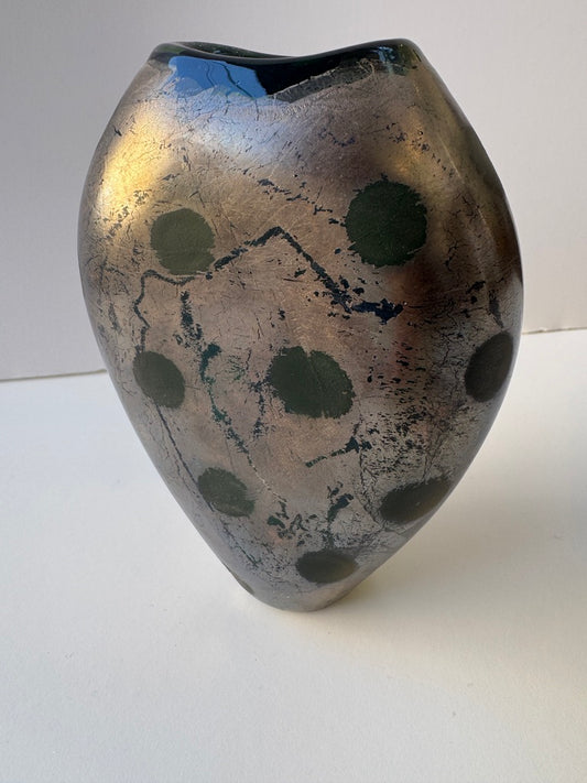VINTAGE ADAM AARONSON Glass Vase Pewter and Green with Polka Dots