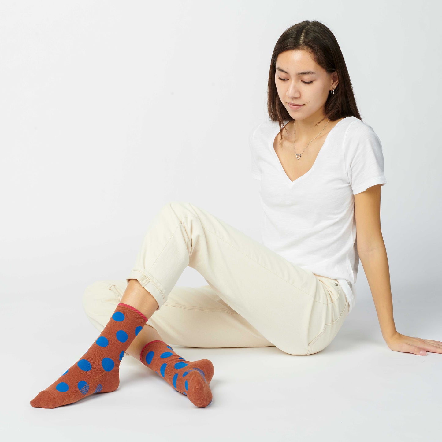 Polka Dot Crew Socks, Brown and Blue