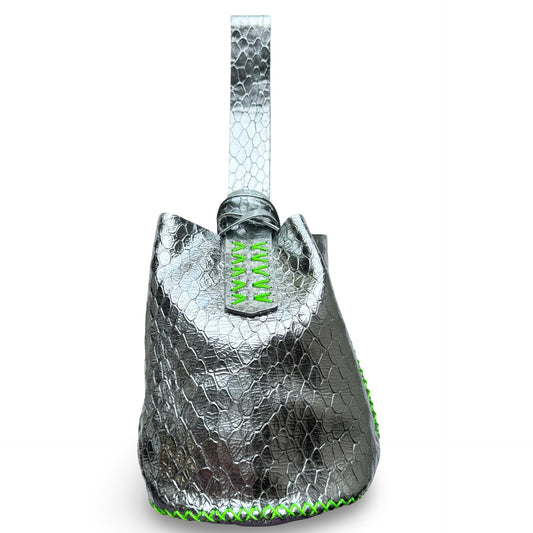 Volta Atelier Navigli Bag in Silver with Bright Green  Stitching