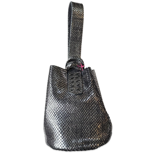 Volta Atelier Navigli Bag in  Silver Mini Lizard  with Black Stitching