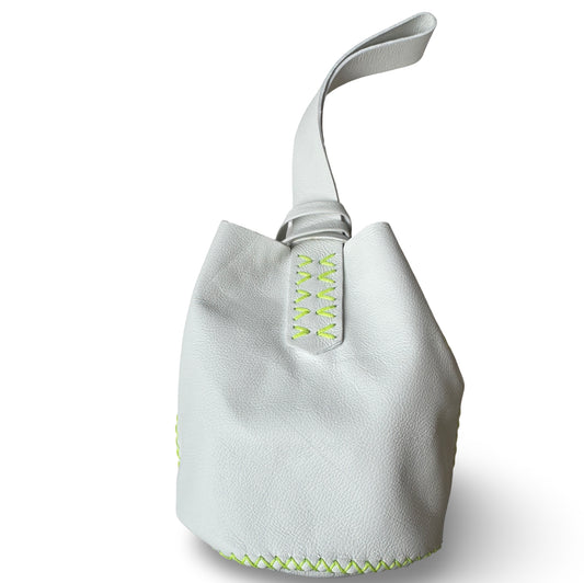 Volta Atelier Navigli Bag in White with neon yellow stitching