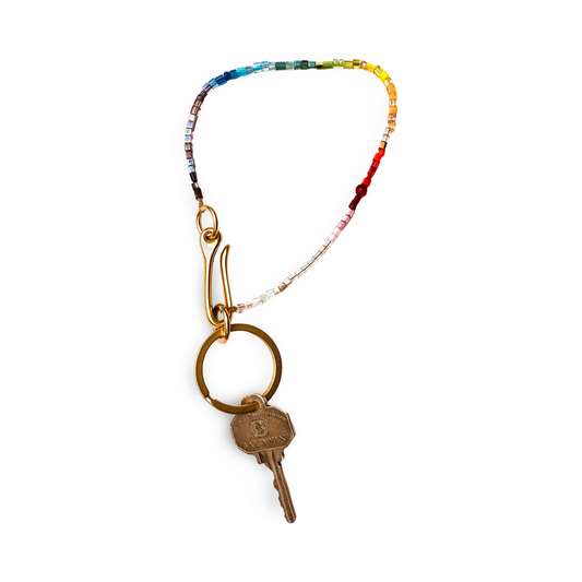 Keychain: Rainbow Beaded Wristlet Keychain with Small Natural Brass Fish Hook