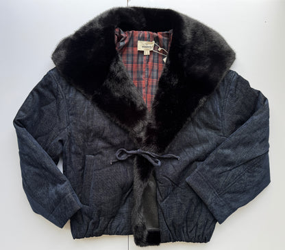 KORNER Navy Velvet Denim Coat with Faux Fur Collar
