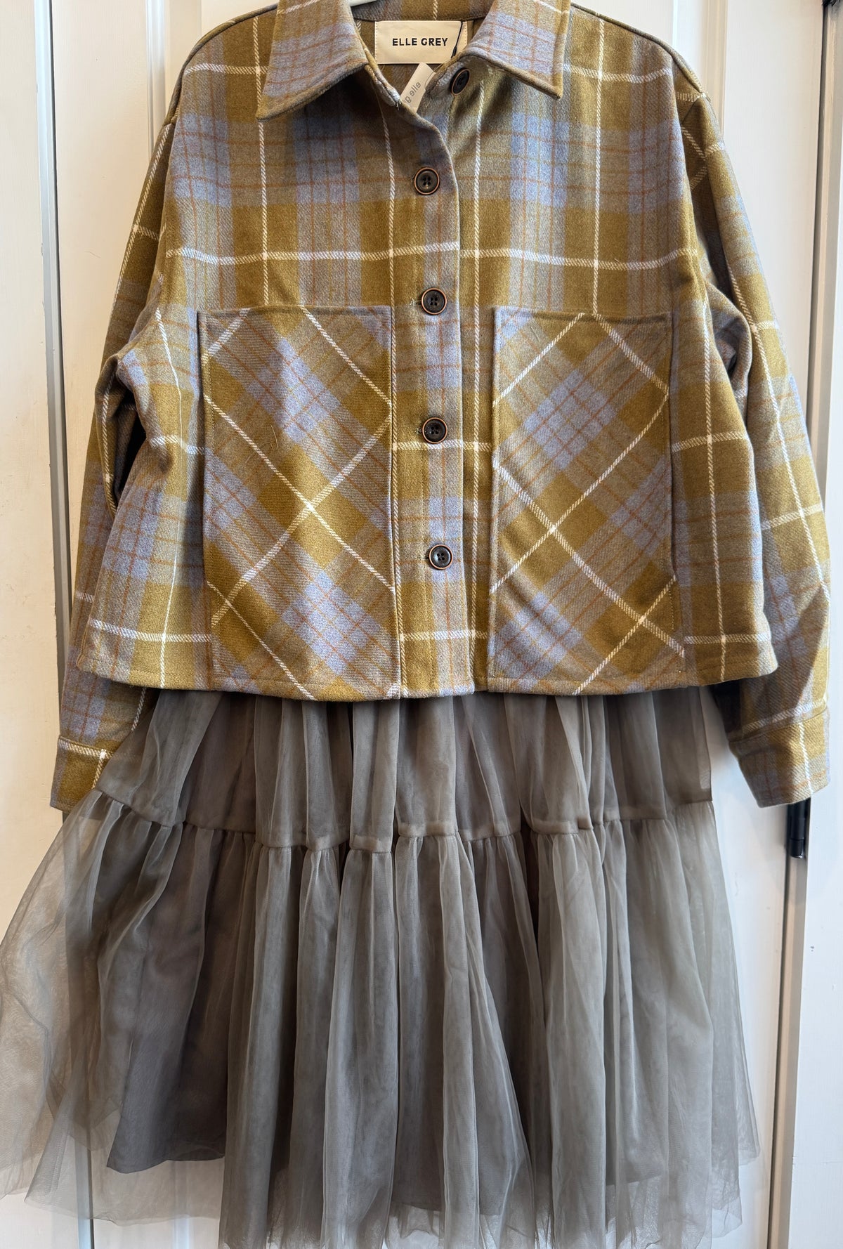 ELLE GREY Plaid Jacket in Olive & Grey