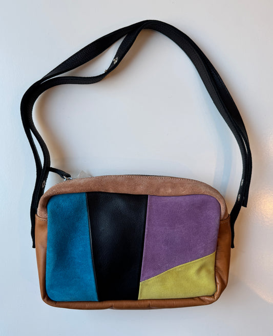 LALLA Geometric Suede and Leather Crossbody Bag with Purple and Yellow