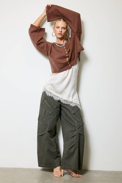 Wide Leg Twill Cargo Pants in Jasper