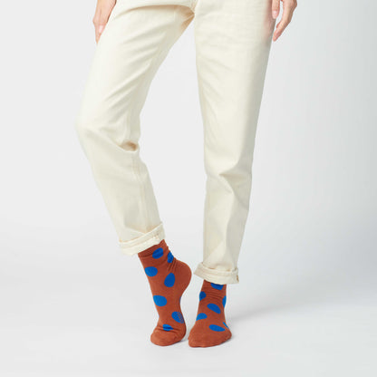 Polka Dot Crew Socks, Brown and Blue