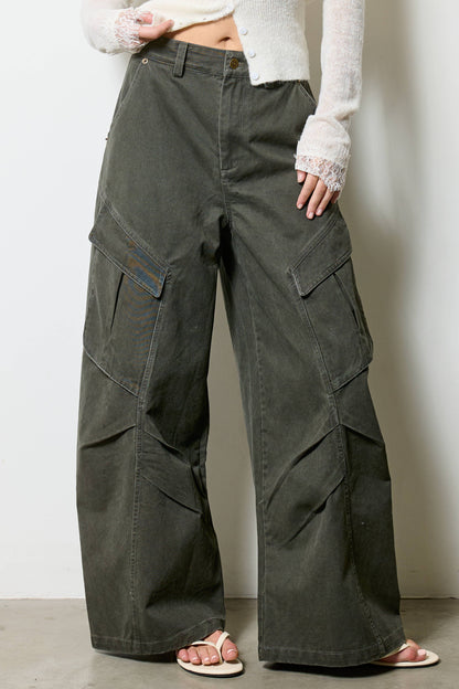 Wide Leg Twill Cargo Pants in Jasper