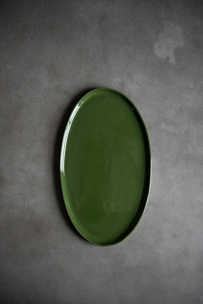 Handmade Oval Porcelain Serving Platter. Green  Medium