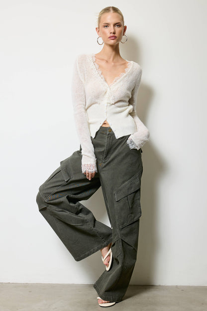 Wide Leg Twill Cargo Pants in Jasper