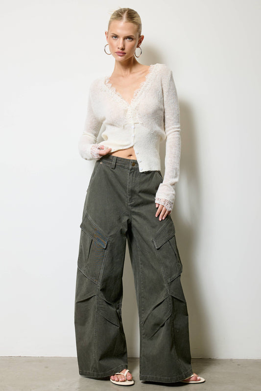 Wide Leg Twill Cargo Pants in Jasper