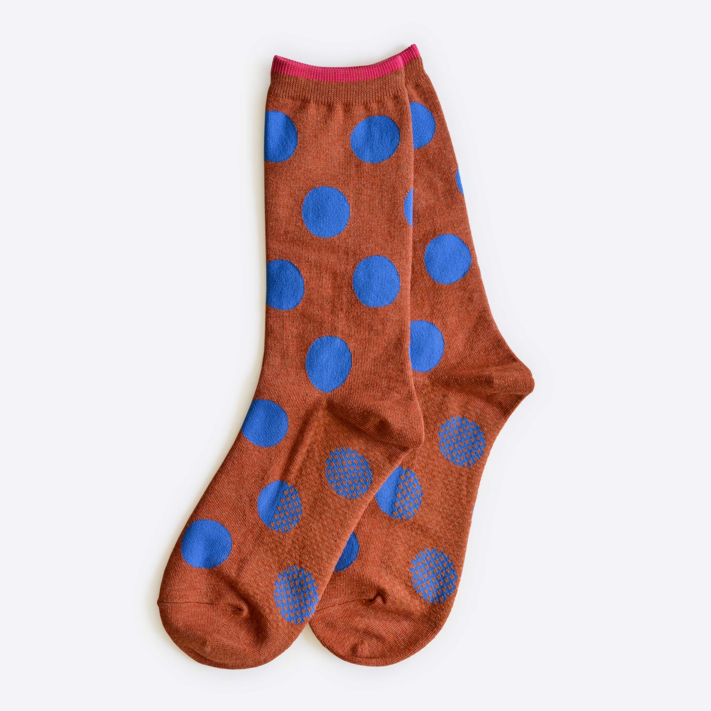 Polka Dot Crew Socks, Brown and Blue