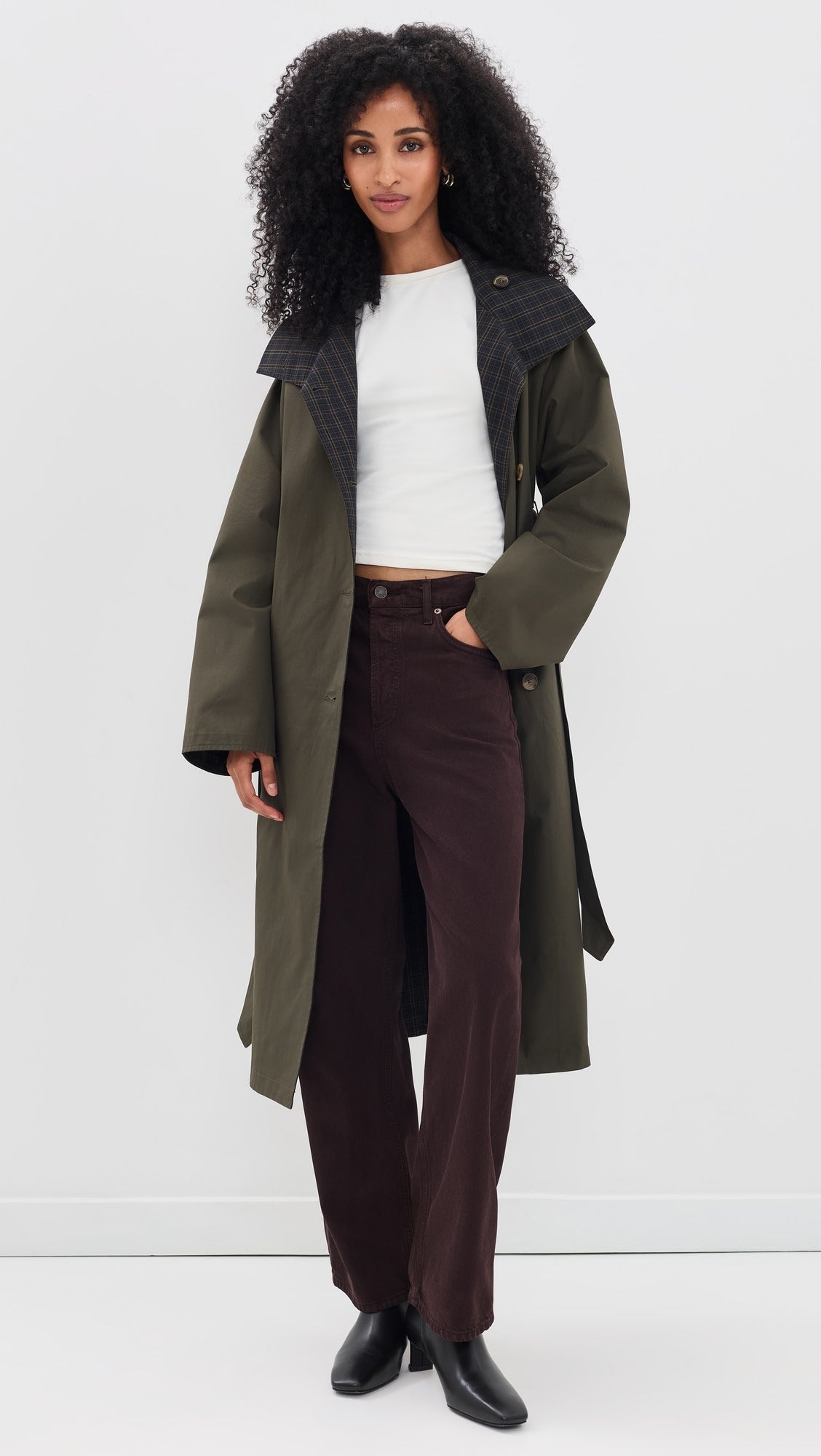 LINE AND DOT Palmer Reversable Trench Coat in Olive/Plaid