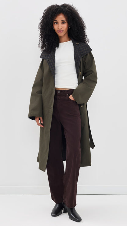 LINE AND DOT Palmer Reversable Trench Coat in Olive/Plaid