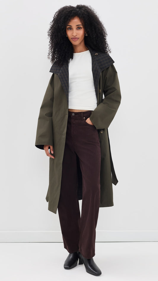 LINE AND DOT Palmer Reversable Trench Coat in Olive/Plaid