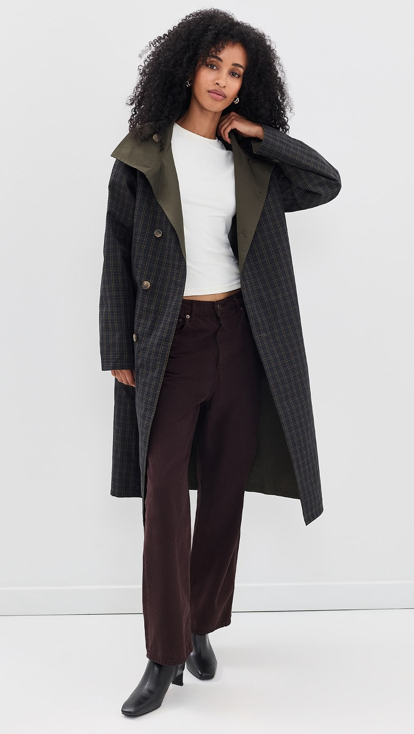 LINE AND DOT Palmer Reversable Trench Coat in Olive/Plaid