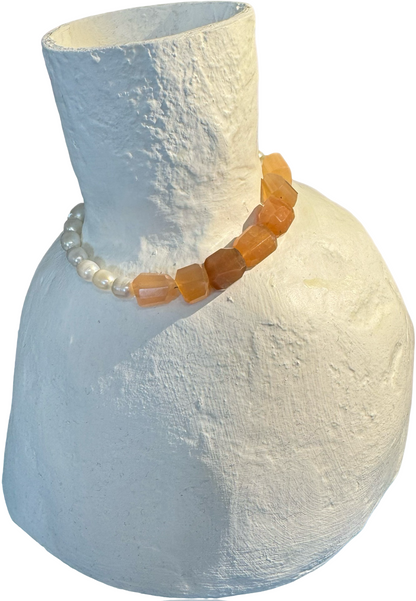 Bracelet: Gemstone Beads: Peach Moonstone and Pearls