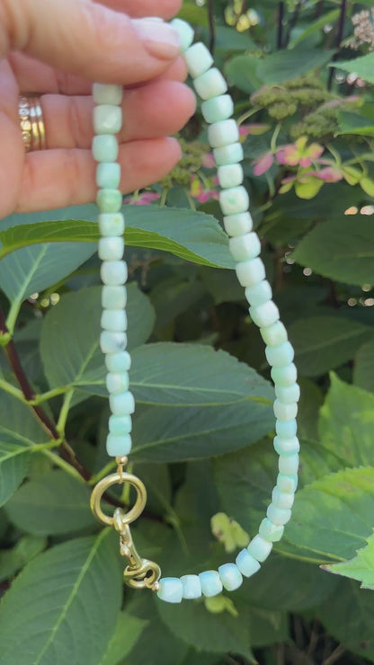Necklace: Blue Opal Cubes Necklace with Chunky Brass