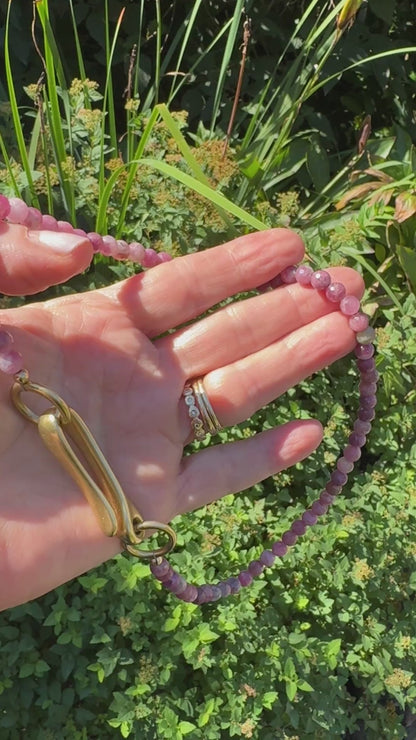 Necklace: Pink Tourmaline with Chunky Brass Hardware